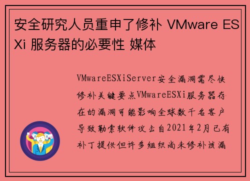 安全研究人员重申了修补 VMware ESXi 服务器的必要性 媒体
